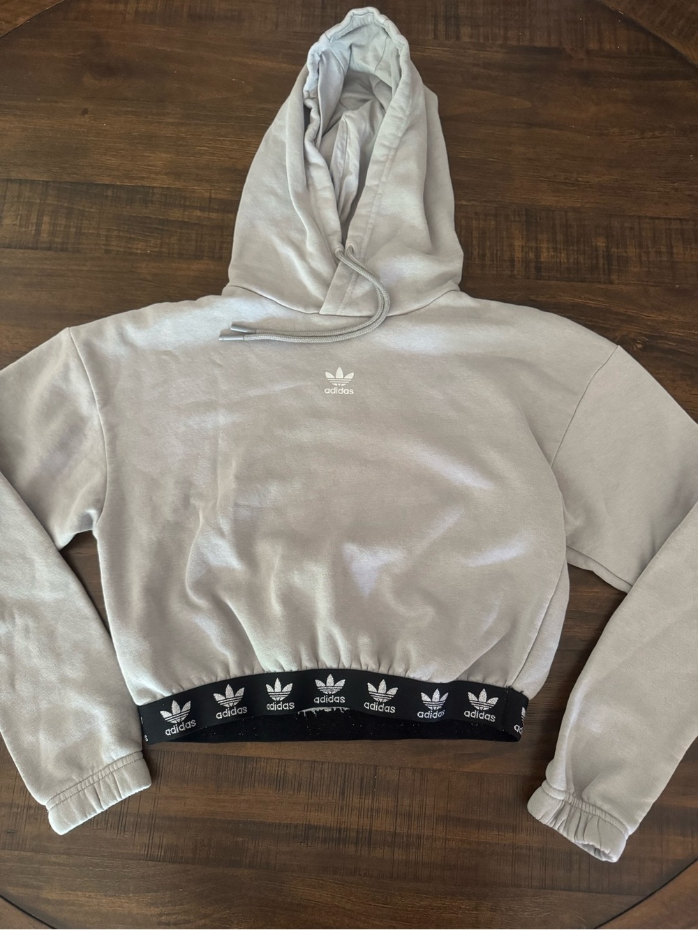Adidas Women’s Light Gray Cropped Hoodie with Black Logo Waistband